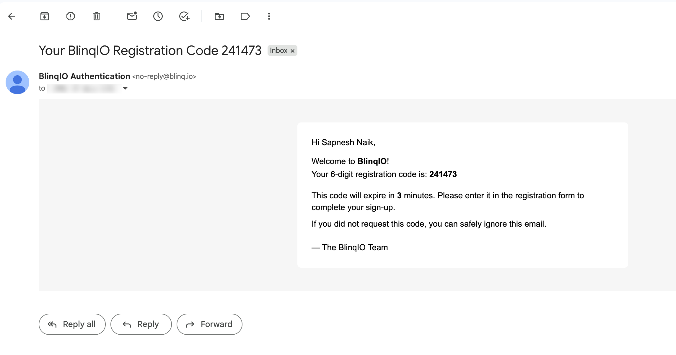 Email containing the BlinqIO registration code