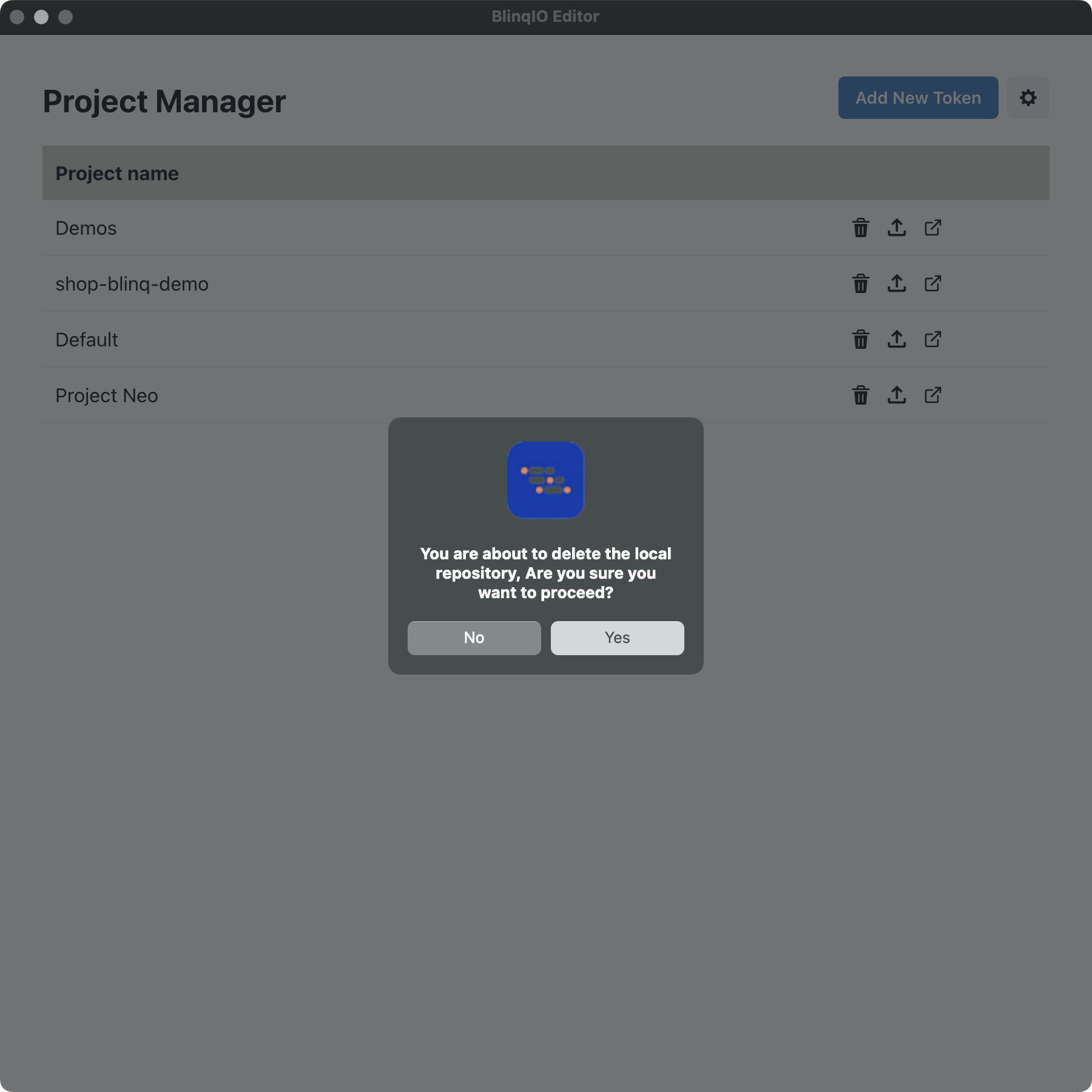 BlinqIO Editor Remove Local Project Confirmation Poup